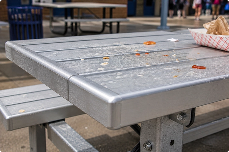 Aluminum picnic table with food spills and debris showing the cleaning needs of high-traffic commercial outdoor areas.